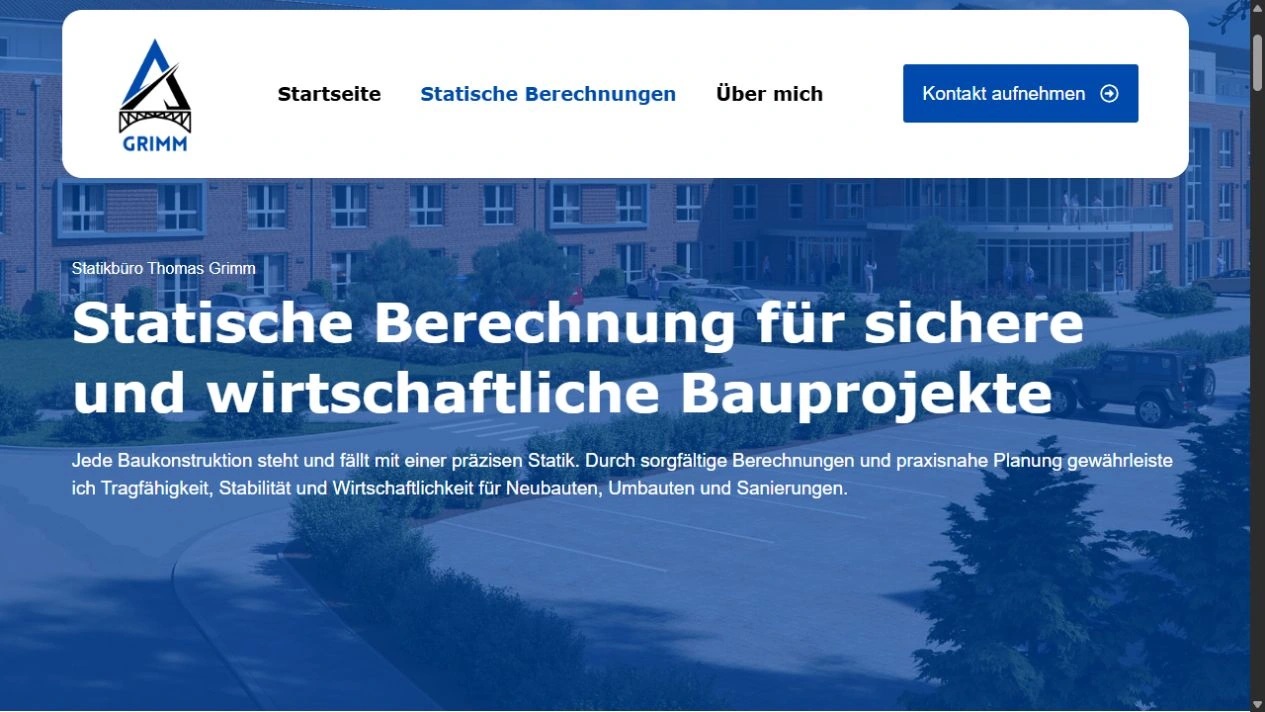 Die Leistungsseite für statische Berechnungen auf der echten Projektwebsite