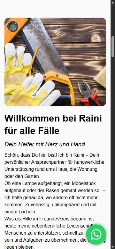 Ein echter mobiler Ausschnitt der Raini-Startseite mit persönlicher Vorstellung und Bildmotiv