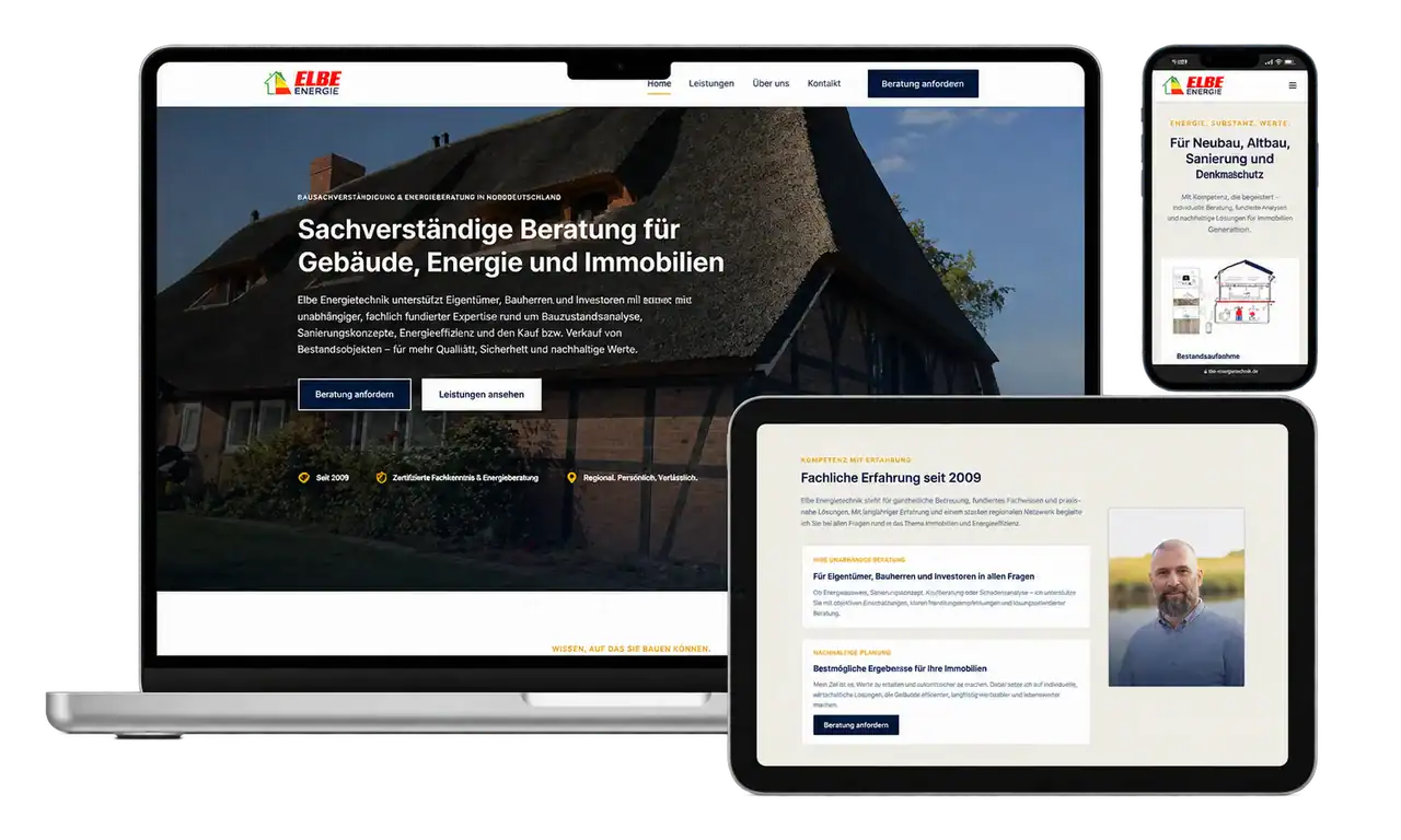Website von Elbe Baugutachter auf Desktop, Tablet und Smartphone