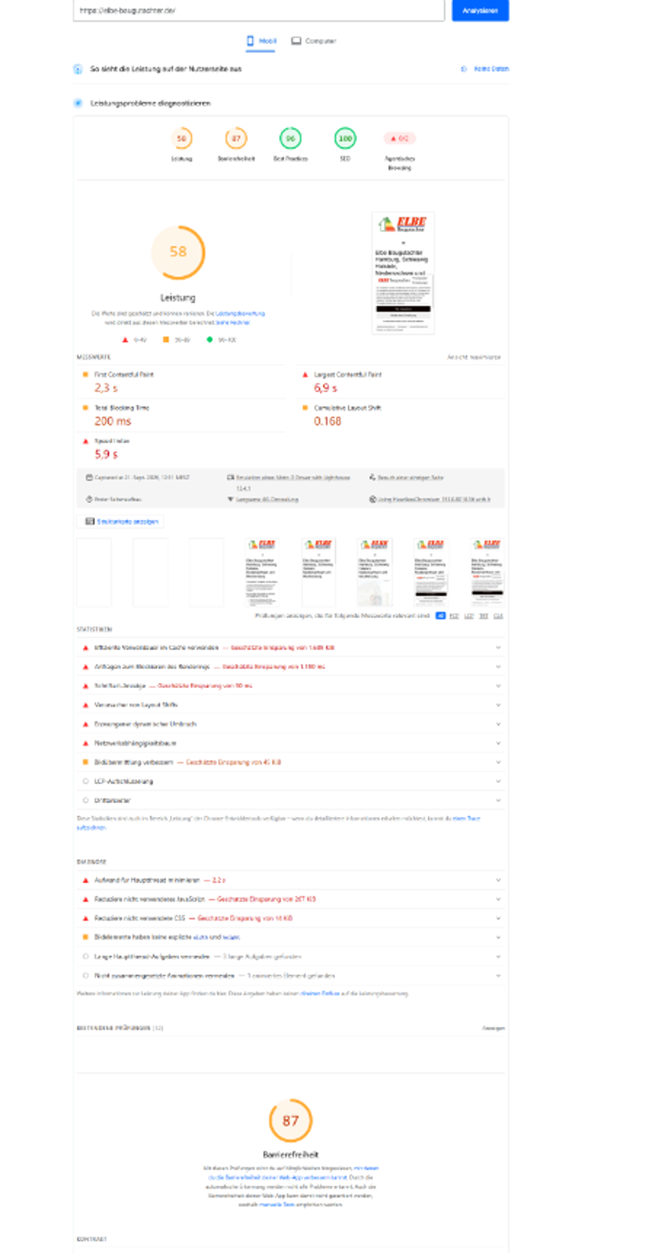 Google PageSpeed Insights mobil vor der Optimierung: Performance 58 Punkte