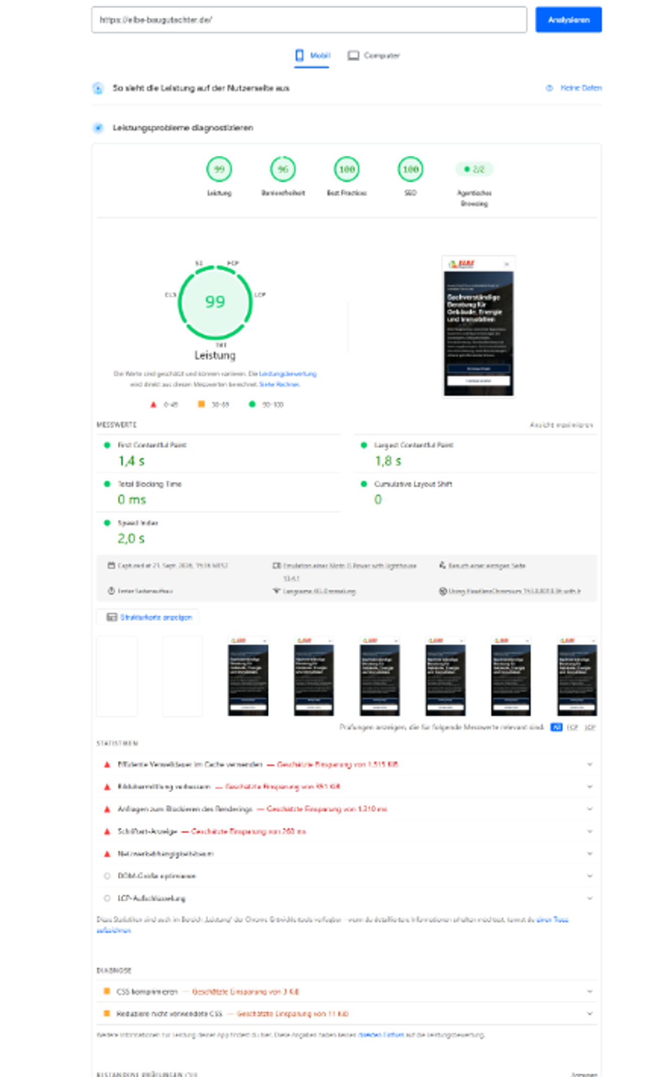Google PageSpeed Insights mobil nach der Optimierung: Performance 99 Punkte