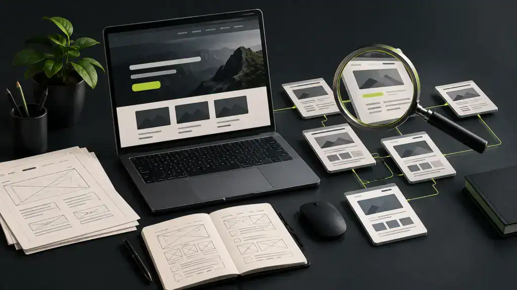 KI-Illustration: Laptop mit Website-Entwurf, Planungsunterlagen und vernetzte Seiten unter einer Lupe.